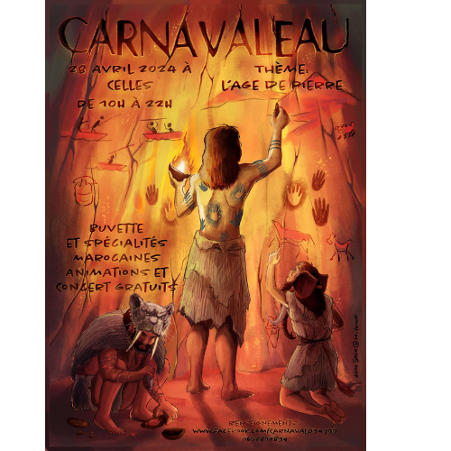 Une affiche pour un carnaval avec une femme debout devant une grotte.