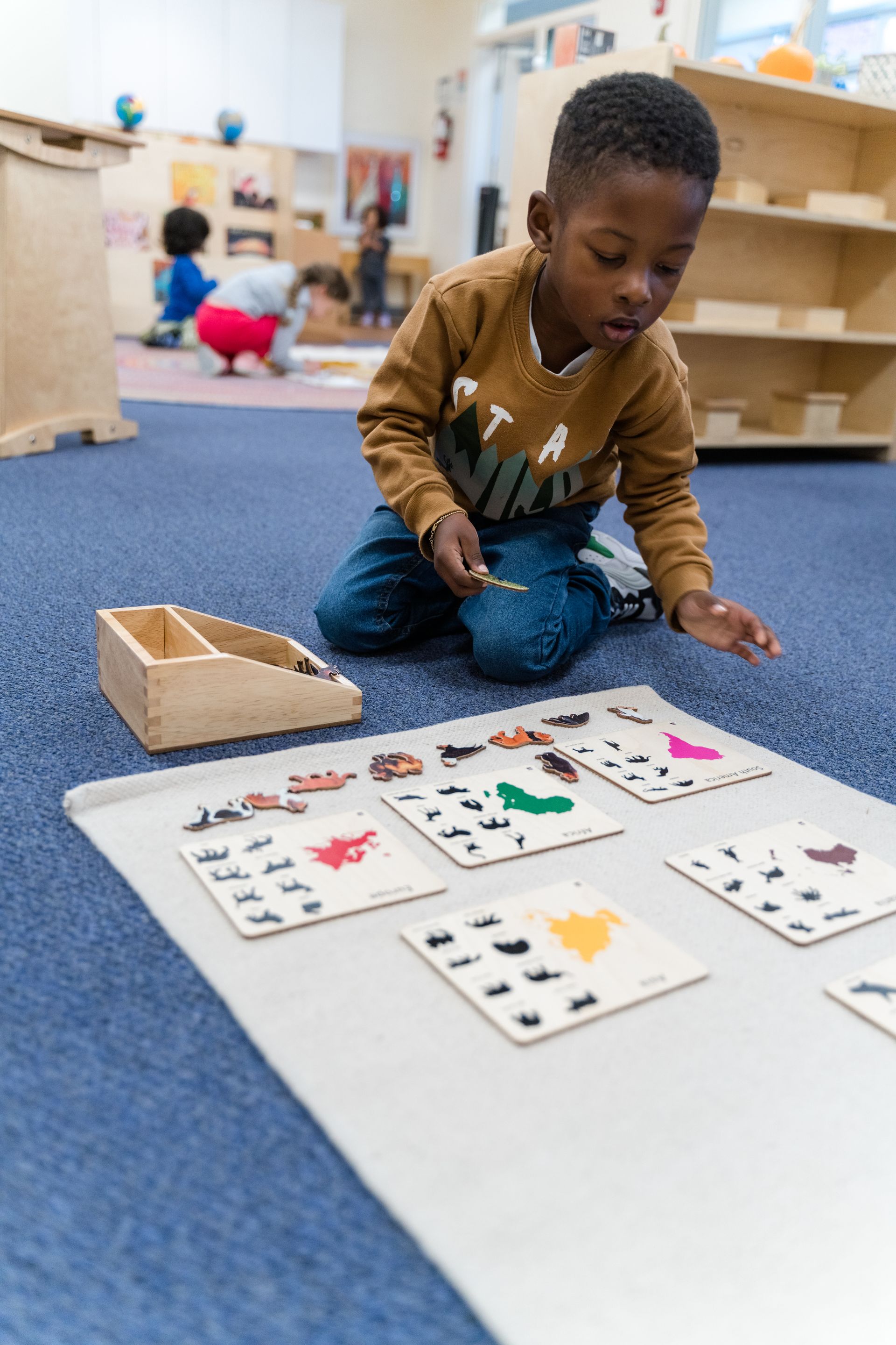 Child working with montessori animals and naming cards