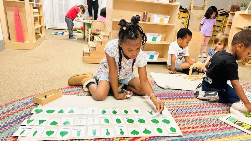 A group of Montessori children are working with materials on the floor in a classroom