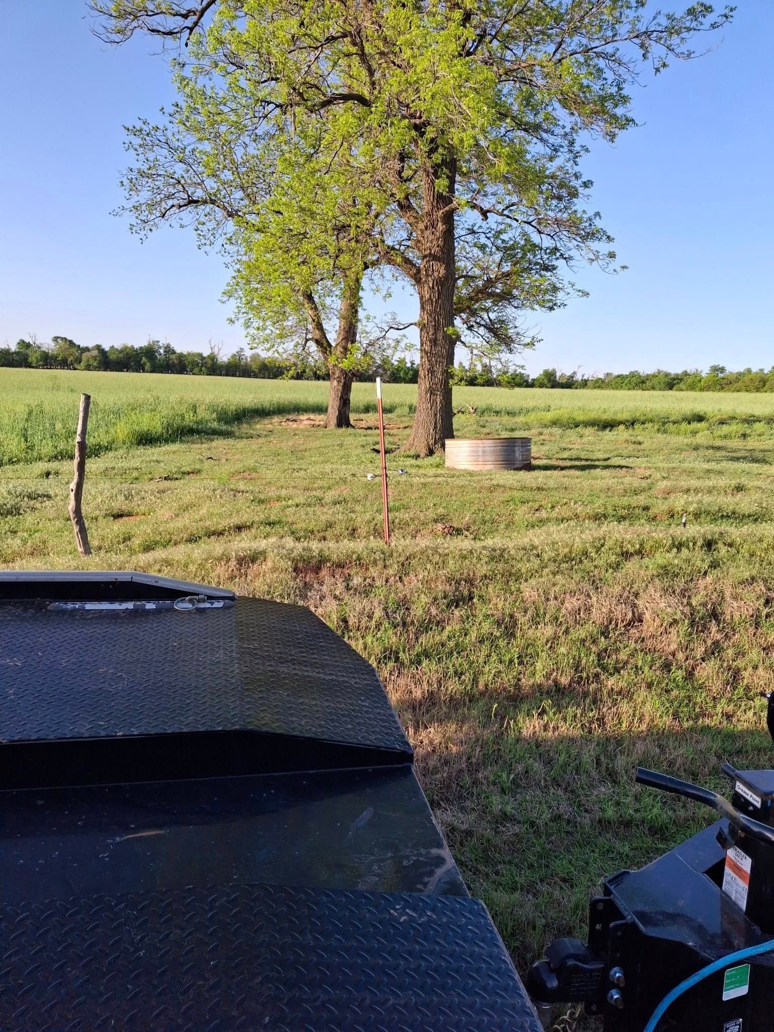 A car is parked in a grassy field with a tree in the background.