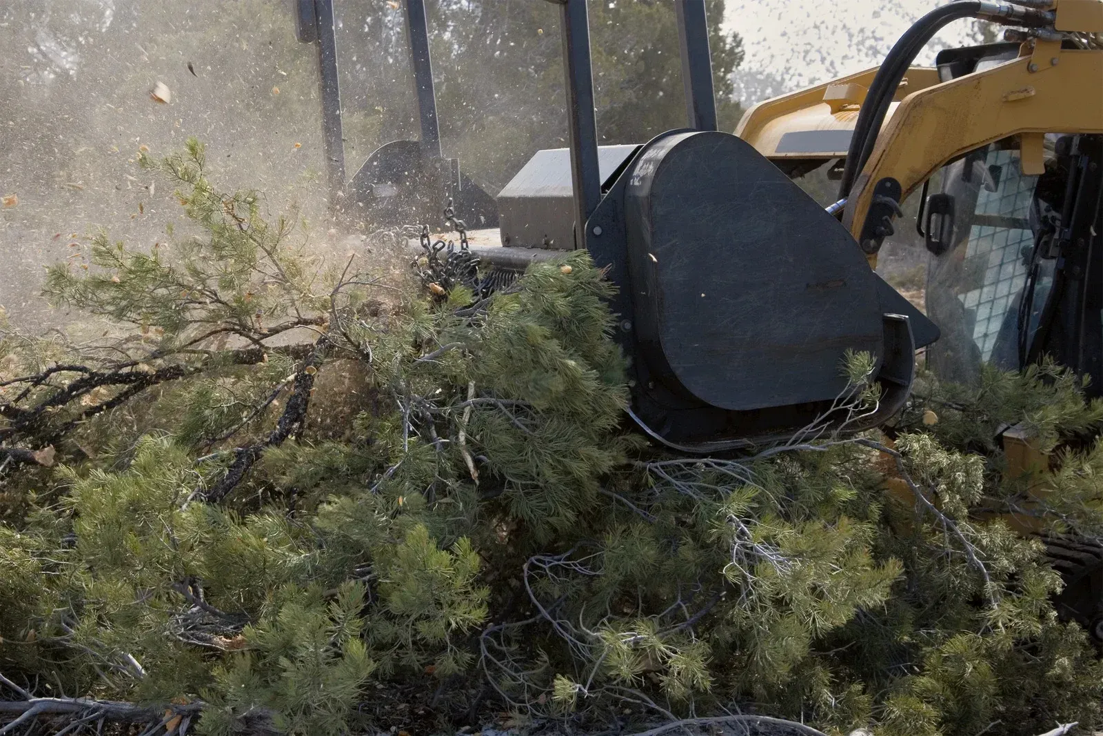 A bulldozer is moving dirt in a field with trees in the background.