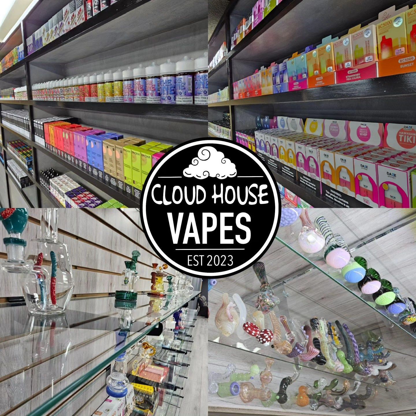 A collage of photos of a store called cloud house vapes