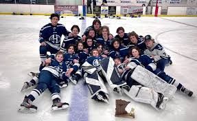 A hockey team is posing for a picture on the ice.