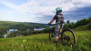 A person is standing next to a bicycle in a grassy field.