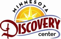 The minnesota discovery center logo is a compass with a sun in the background.