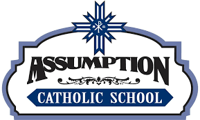 The logo for assumption catholic school has a cross on it