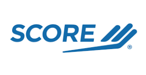 A blue and white score logo on a white background