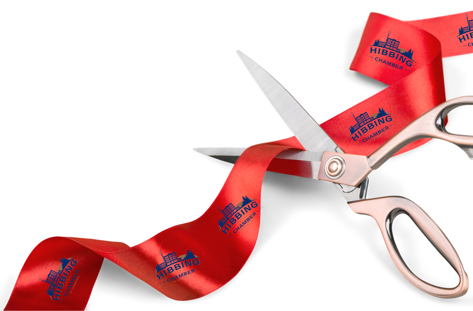 A logo hibbing area chamber of commerce ribbon.