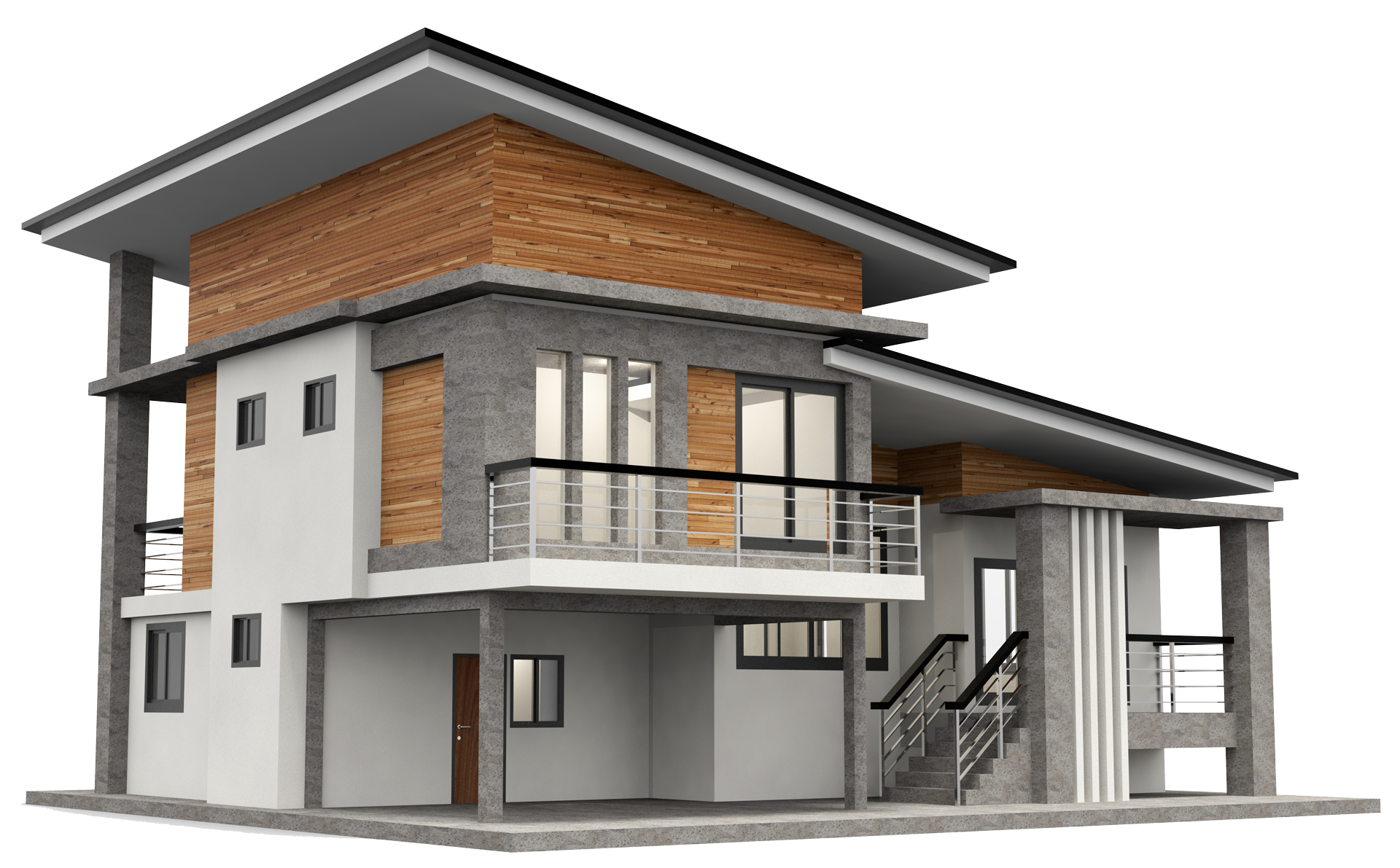 A modern house with a balcony and stairs on a white background.