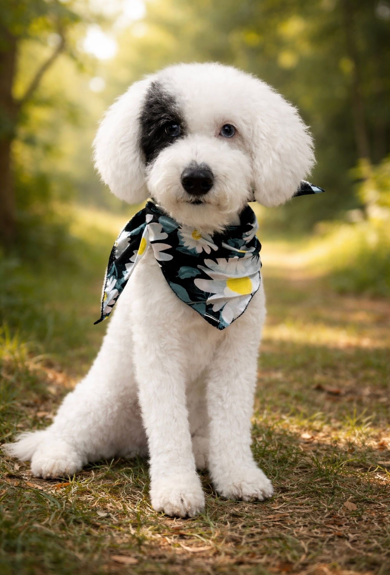 A small white dog is sitting in front of a brick wall