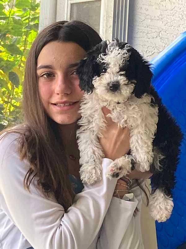 A woman is holding a black and white puppy in her arms.