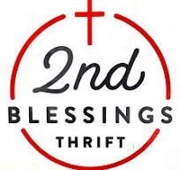 Logo for 2nd Blessings Thrift with a red cross over black text on a white background