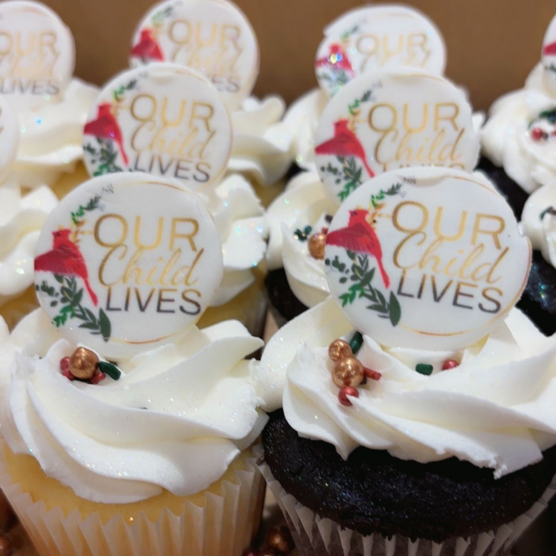 Cupcakes with white frosting and edible toppers that read 