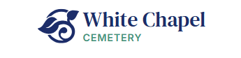 Logo for White Chapel Cemetery, with a blue emblem and text in blue and green.