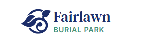 Fairlawn Burial Park logo. Dark blue leaf symbol with dark blue 