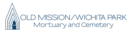 Logo for Old Mission/Wichita Park Mortuary and Cemetery with a stylized church icon.