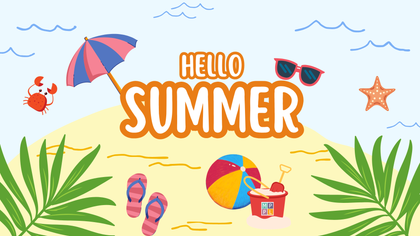 MPPL summer announcement graphic with beach, sandals, beach ball, and crab.