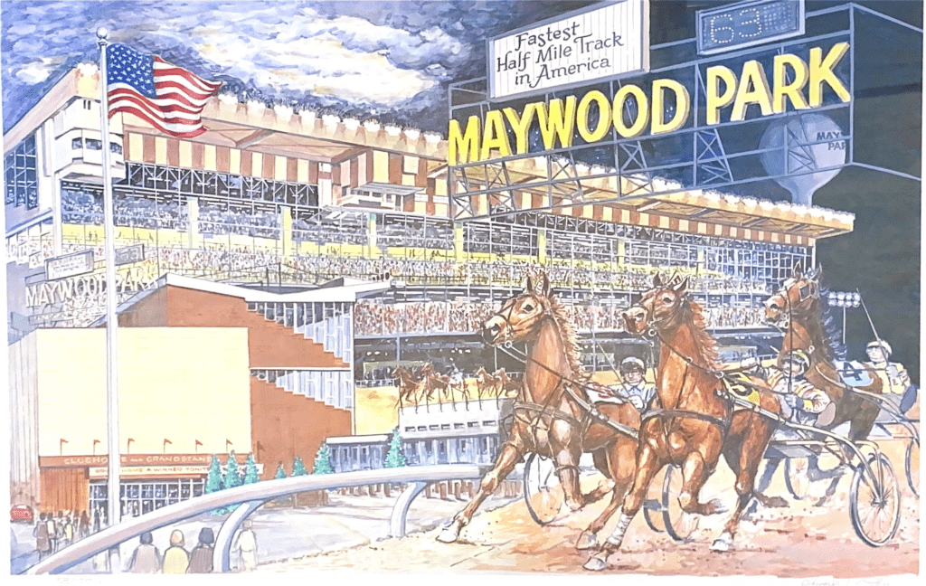 A detailed illustration of harness racing horses competing at Maywood Park racetrack at night, with the grandstand behind.
