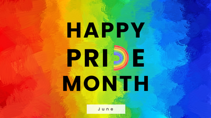 MPPL Pride Month announcement graphic with rainbow watercolors and a rainbow.