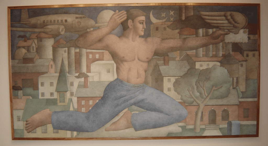 A muscular figure in blue pants reaches for a winged envelope above a townscape featuring an airplane and a moon.