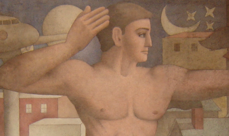A mural shows a muscular figure gesturing against a stylized background with an airplane, moon, and urban buildings.