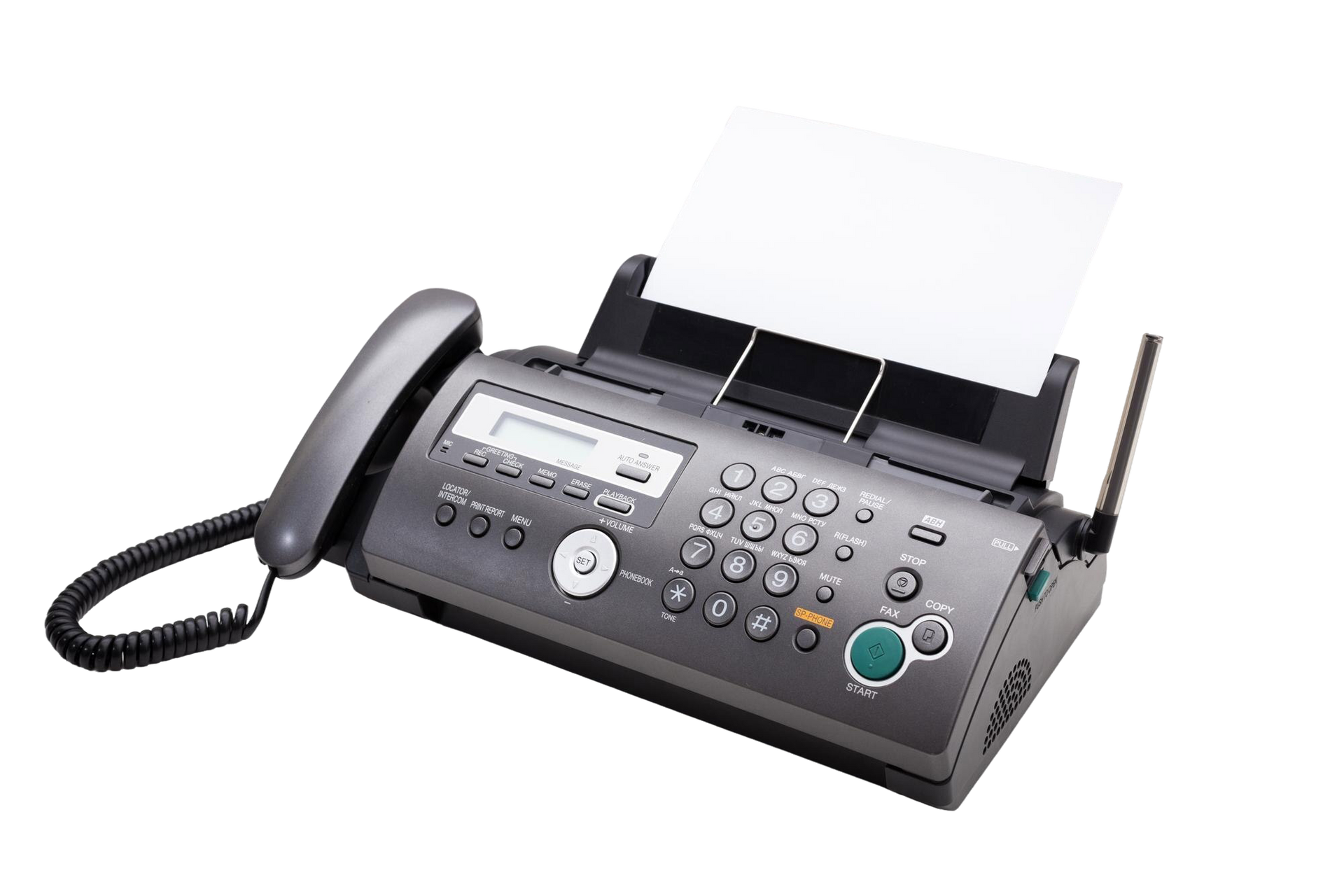 A dark grey fax machine with a phone handset and a sheet of blank paper loaded in the rear tray, set against a white background.