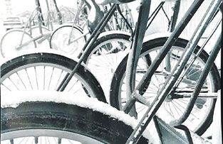 Close-up of several bicycles parked outside in the snow, focusing on their tires and frames.