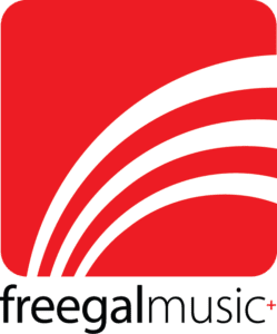 The Freegal Music+ logo featuring a red rounded square with white arching lines above the word "freegalmusic+".