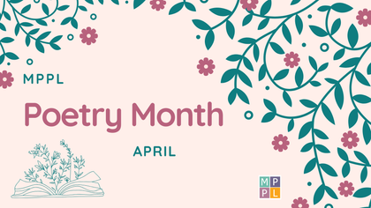 MPPL Poetry Month April announcement graphic with teal floral vines and flowers on a light pink background.