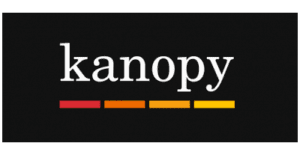 The Kanopy logo: white text on a black background, with a gradient line of red, orange, and yellow squares underneath.