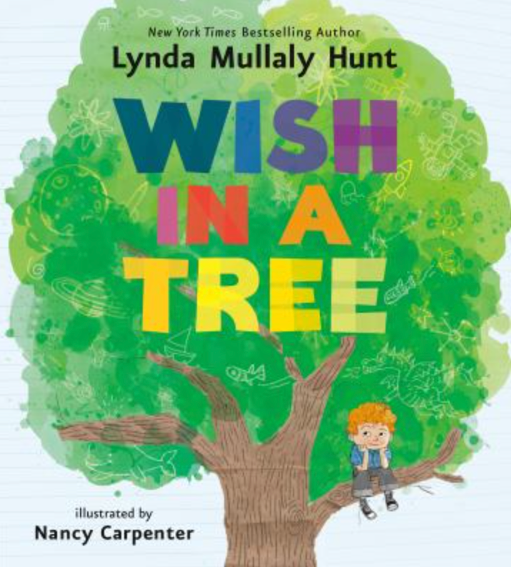 Book cover for Wish in a Tree by Lynda Mullaly Hunt, featuring a child sitting in a large green tree with line drawings.