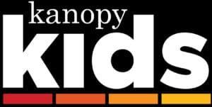 "kanopy kids" logo with bold white text on a black background, underlined by four rectangular color blocks.