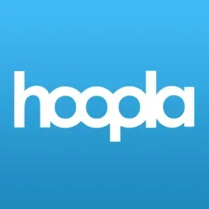 The word "hoopla" written in white lowercase letters on a solid light blue square background.