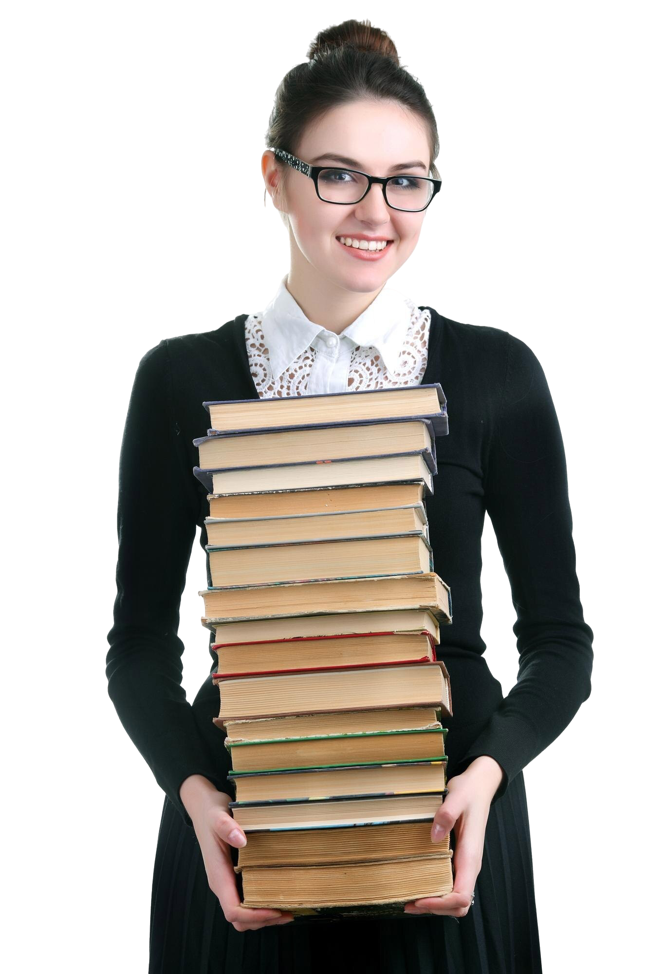 A person wearing glasses and a dark long-sleeved shirt, smiling while holding a tall stack of many books.