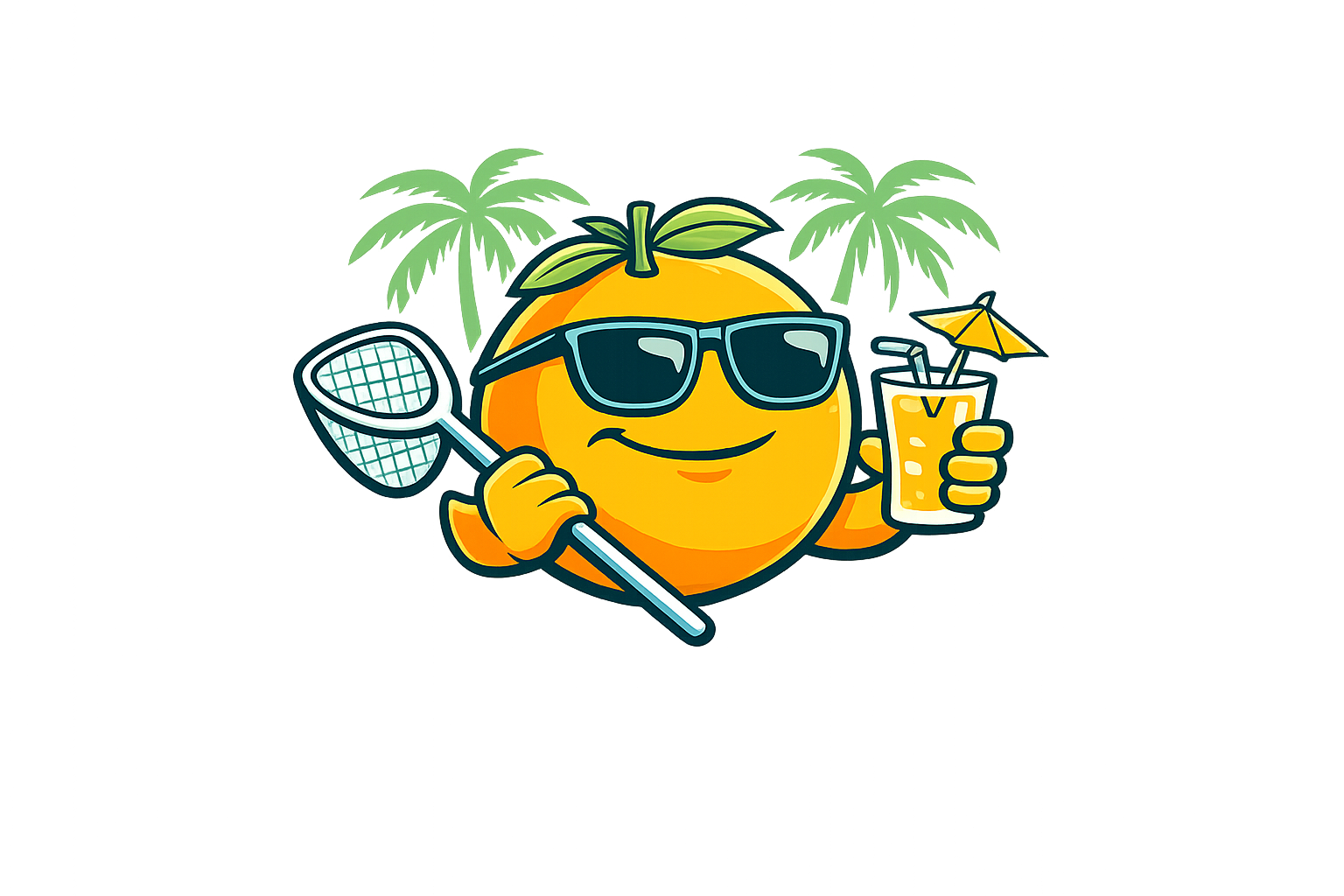 Cartoon orange wearing sunglasses, holding a net and a tropical drink, with palm trees in the background.