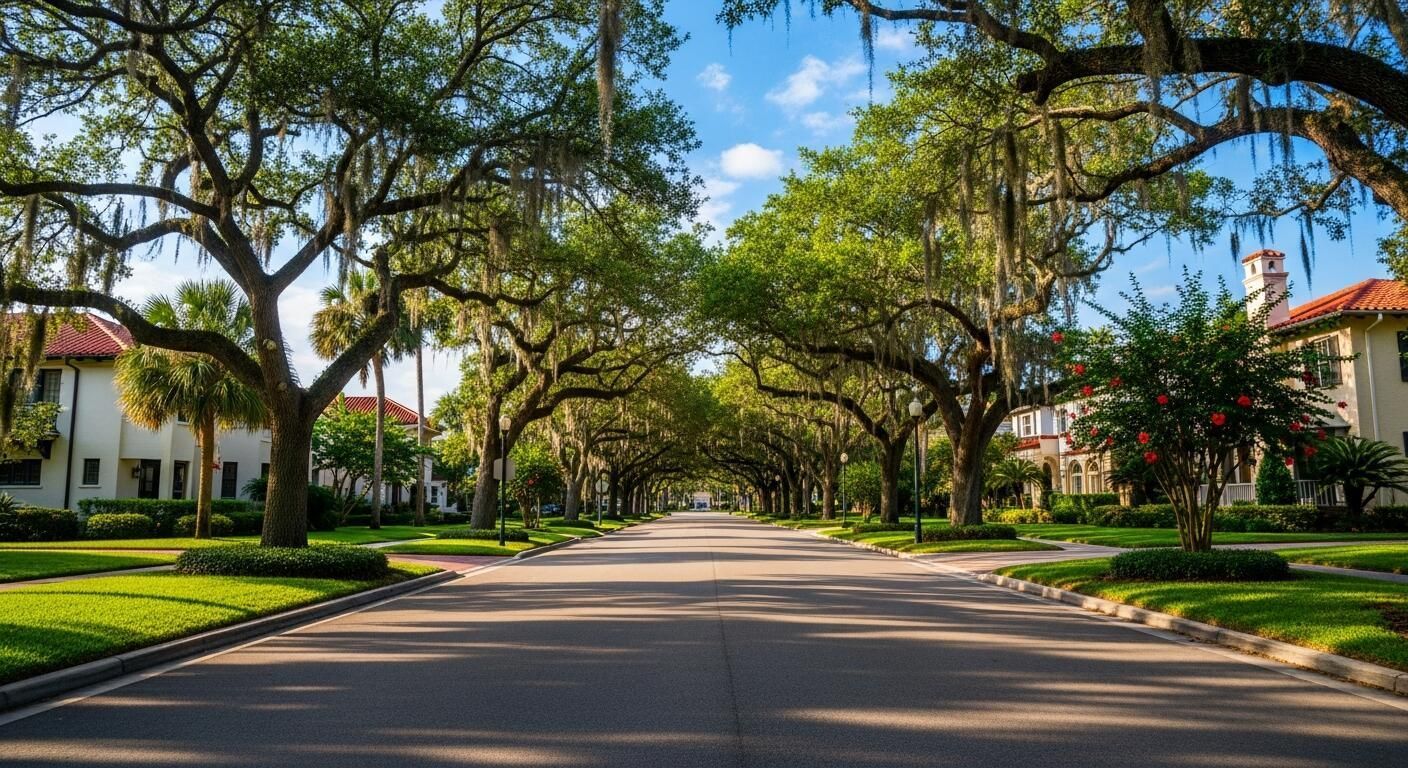 A paved road stretches into the distance, lined by large, mature trees draped in moss and suburban houses on both sides.