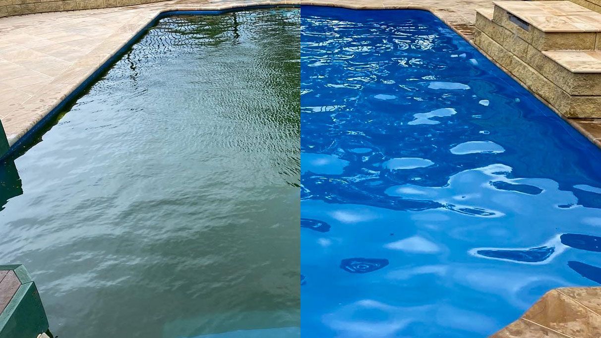 A split-screen comparison of a swimming pool showing green, algae-filled water on the left and clear blue water on the right.