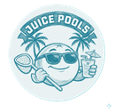 A teal, sketch-style circular logo featuring a smiling, sunglass-wearing orange holding a pool skimmer and a drink.