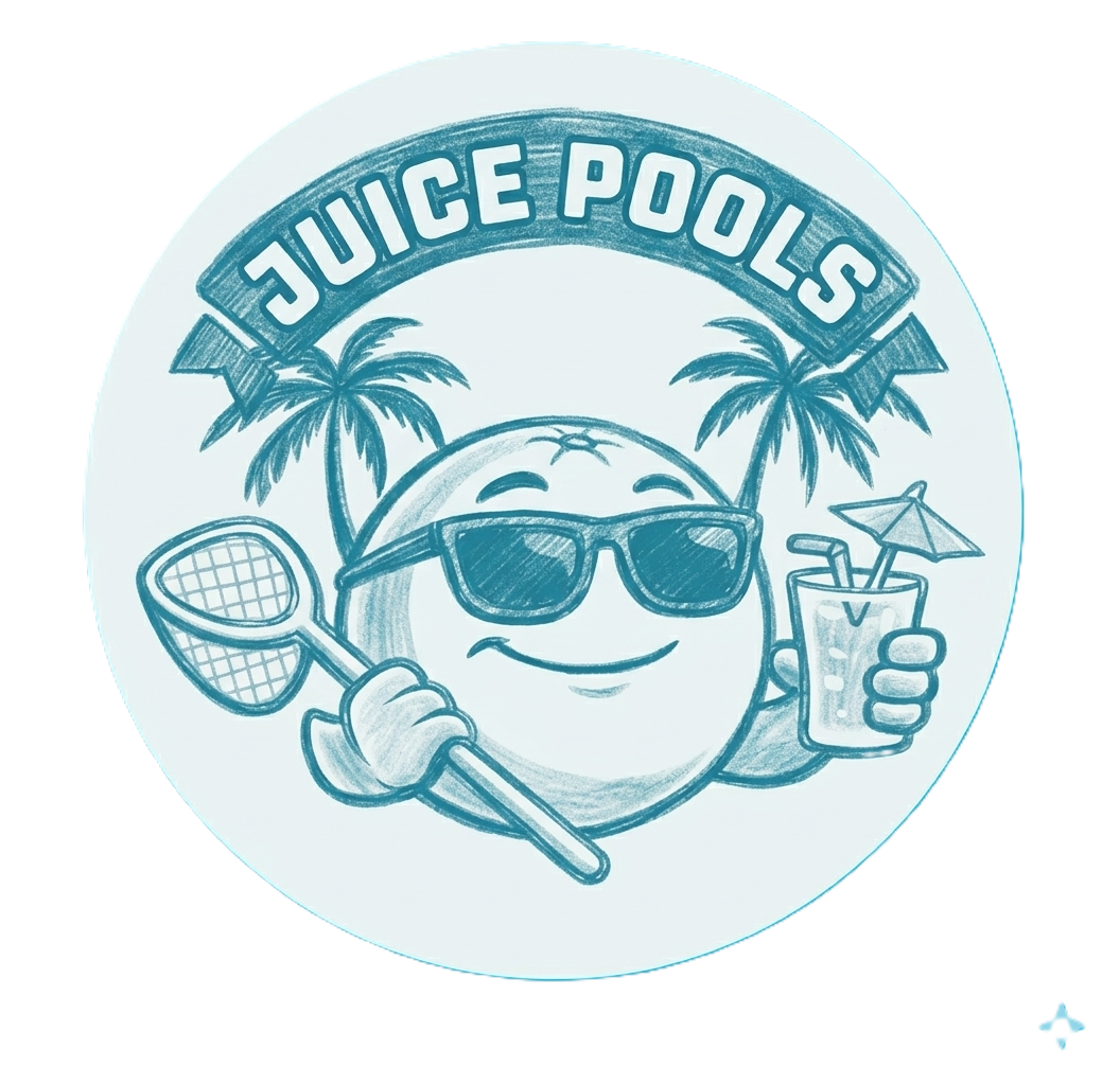 A circular logo in shades of blue depicting a smiling orange wearing sunglasses, holding a pool net and a tropical drink.