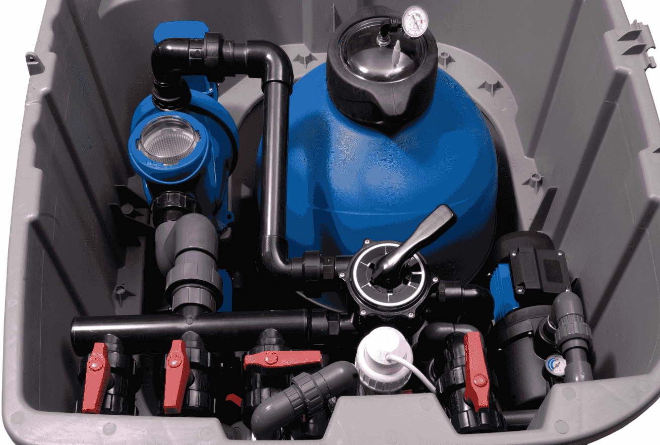 A pool pump and blue sand filter system with pipes and red-handled valves housed inside a grey plastic storage box.