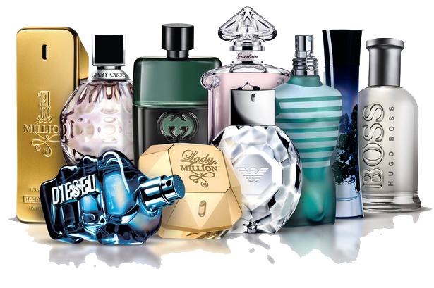 Assortment of perfume bottles in various shapes and colors, including gold, green, and blue.