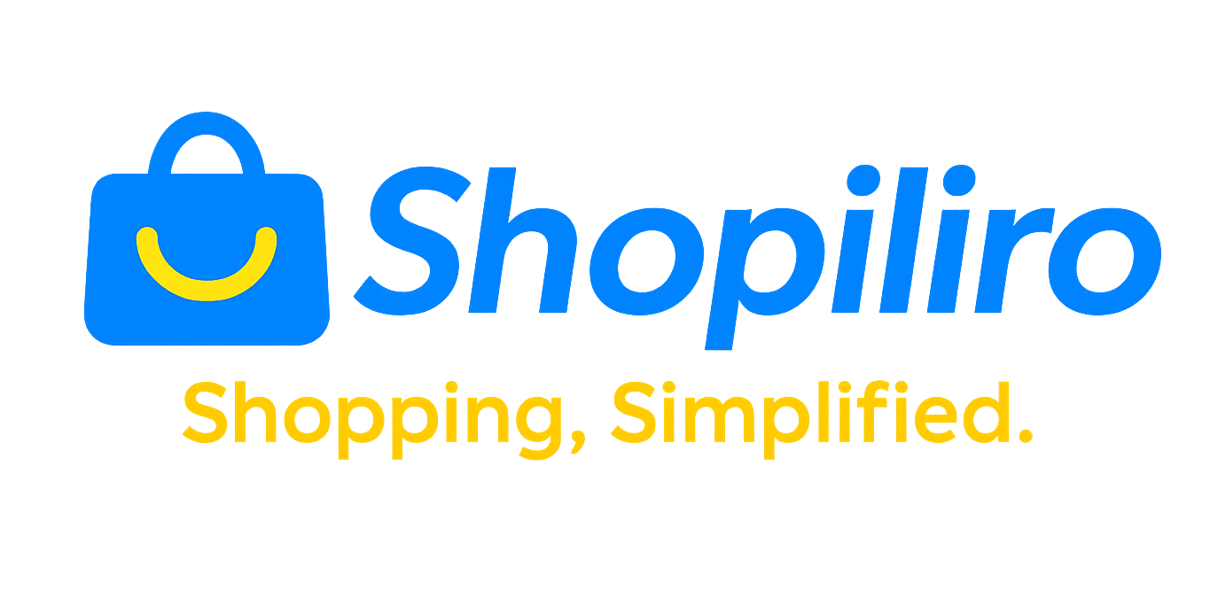 Logo for Shopiliro, featuring a blue shopping bag icon with a yellow smile and the tagline 