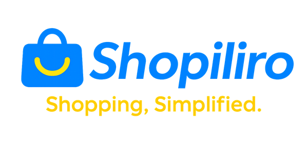 Logo for Shopiliro, featuring a blue shopping bag icon with a yellow smile and the tagline