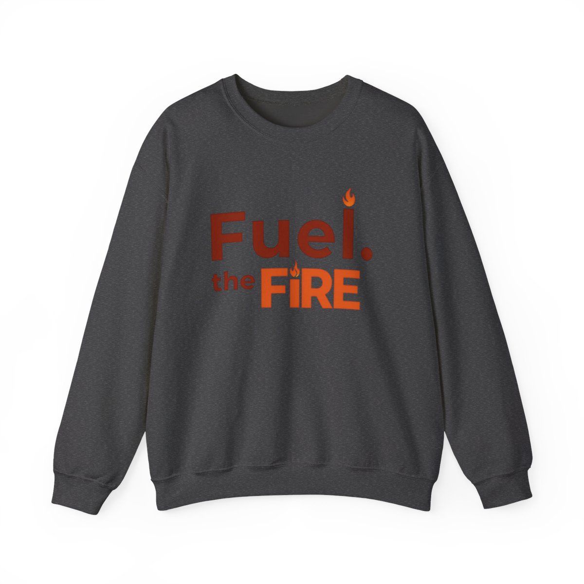 Dark gray sweatshirt with orange text and a flame graphic: 