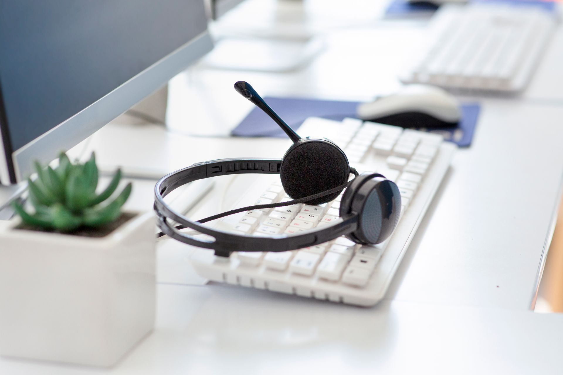 Headset on a keyboard, beside a computer monitor and potted succulent.
