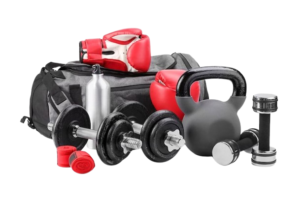Gym equipment, including a bag, dumbbells, kettlebell, boxing gloves, and water bottle.