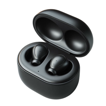 Black wireless earbuds in an open charging case.