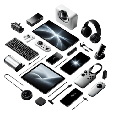 Assorted electronic devices arranged in a circular pattern: tablets, headphones, controllers, speakers, and peripherals.