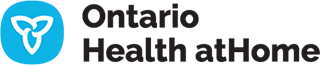 Logo for Ontario Health at Home. A blue circle with a white trillium and black text.