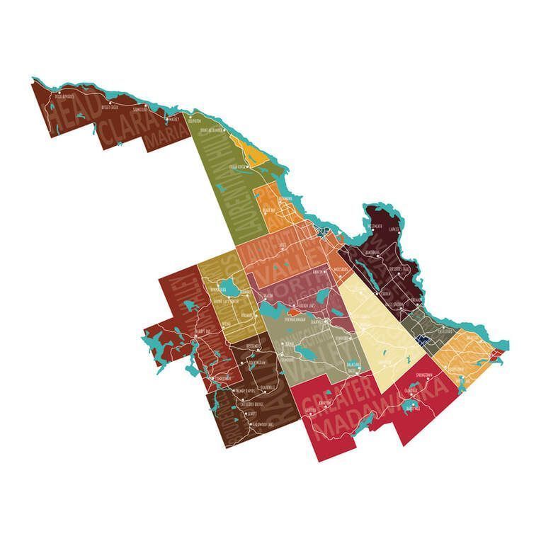 Map of the Ottawa Valley region with colourful rectangular and angular areas along a coastline.
